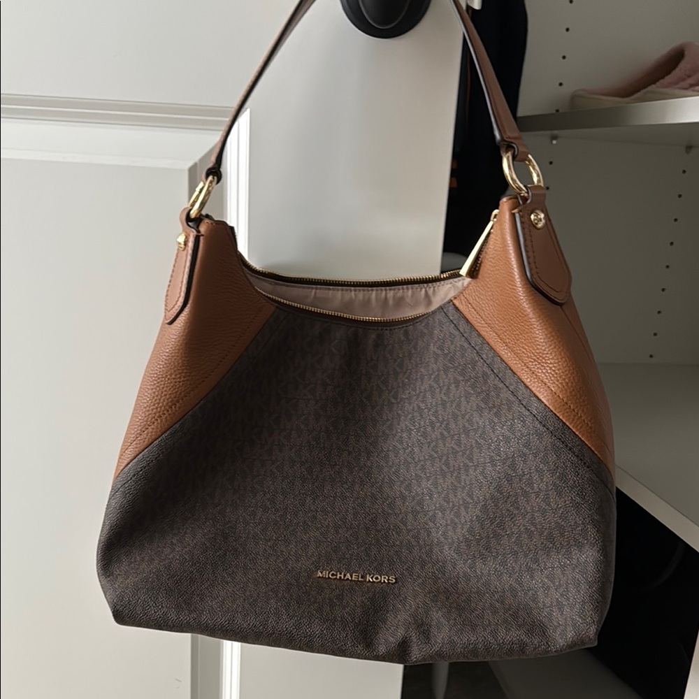 Michael Kors Brown and Tan Shoulder Bag with Signature Monogram
